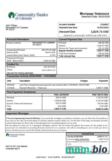 USA Community Banks of Colorado wyciąg z kredytu hipotecznego w formatach Word i PDF